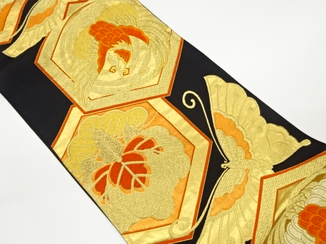 重ね亀甲に桐・鳳凰・蝶模様織出し袋帯